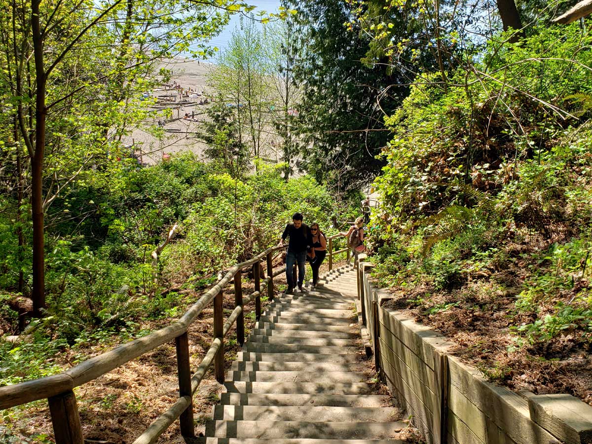 Visitors climbing the wooden stairs on Trail 6 to Wreck Beach.