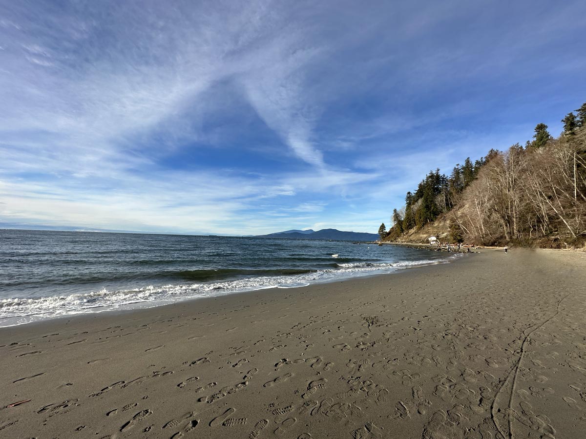Sandy shoreline and ocean waves at Wreck Beach, Vancouver.