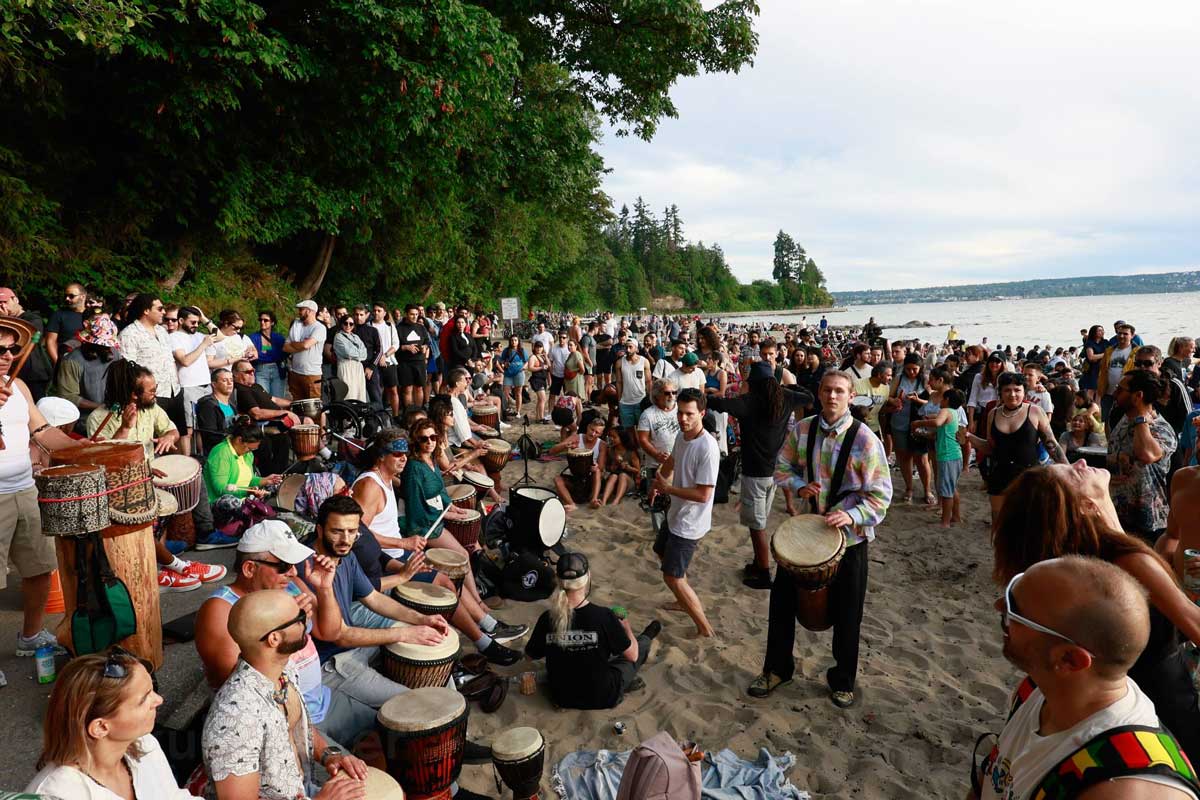 Crowd at Third Beach Drum Circle Vancouver.