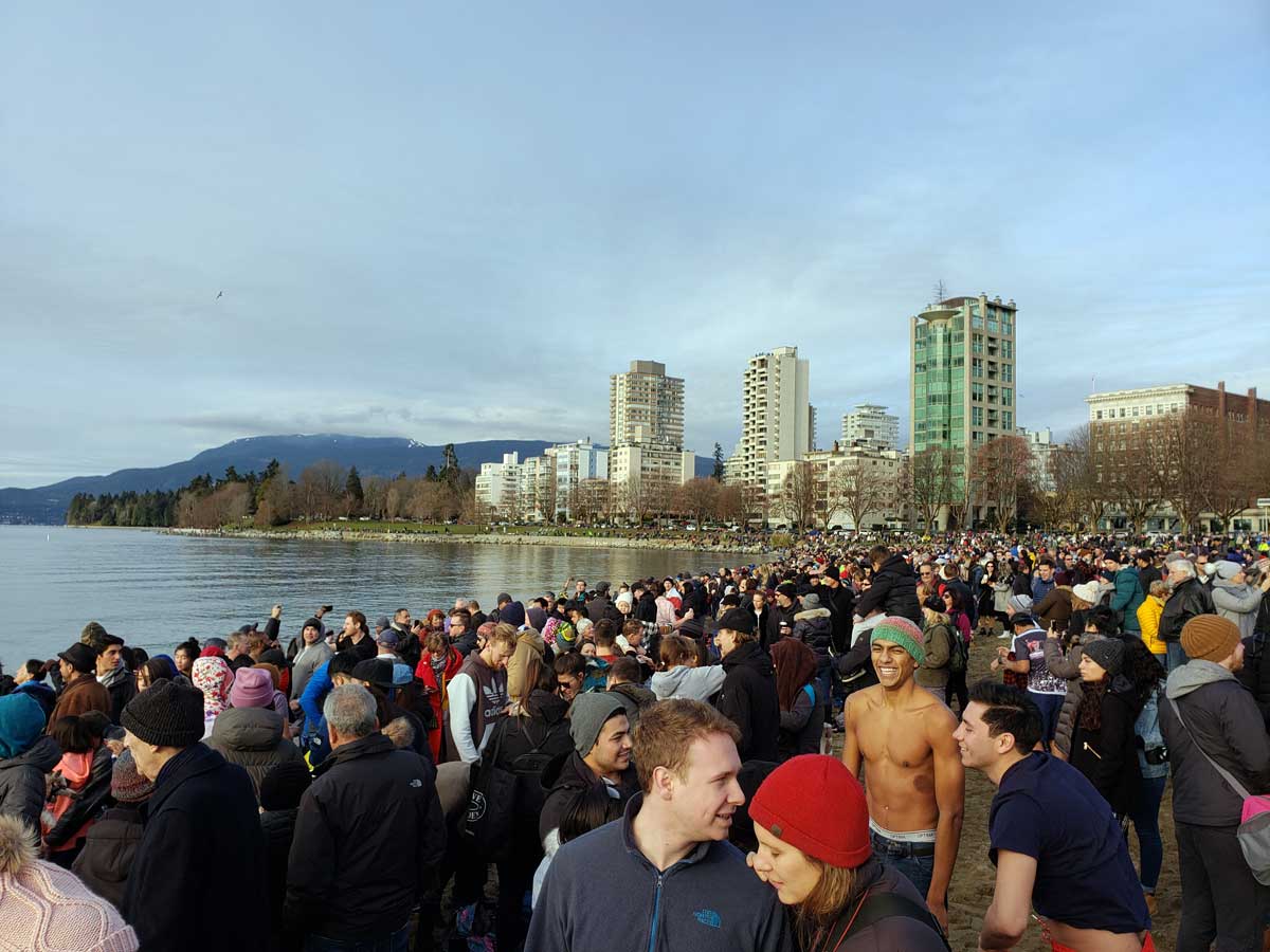 Crowd Gathering at English Bay for Polar Bear Swim Vancouver.