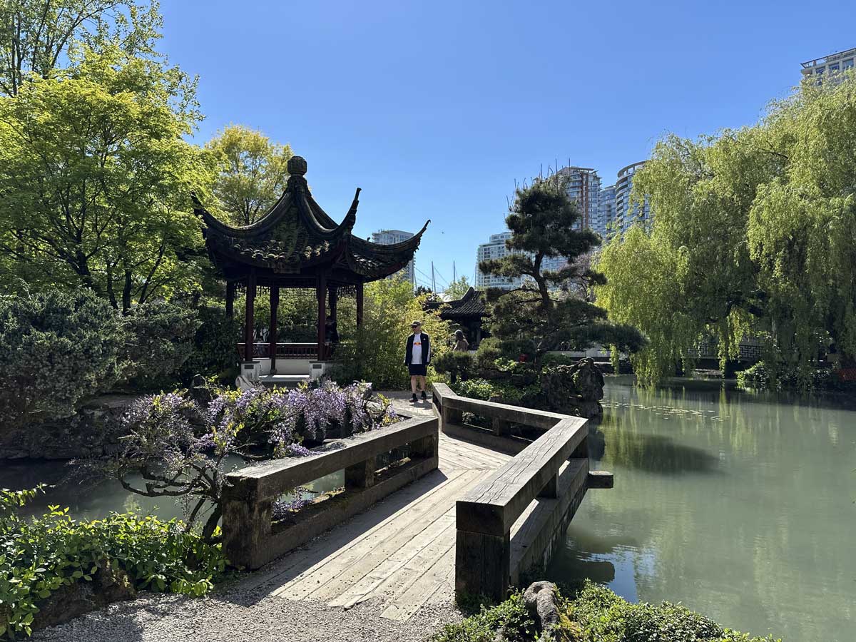 Bridge and pavilion at Dr. Sun Yat-Sen Garden.