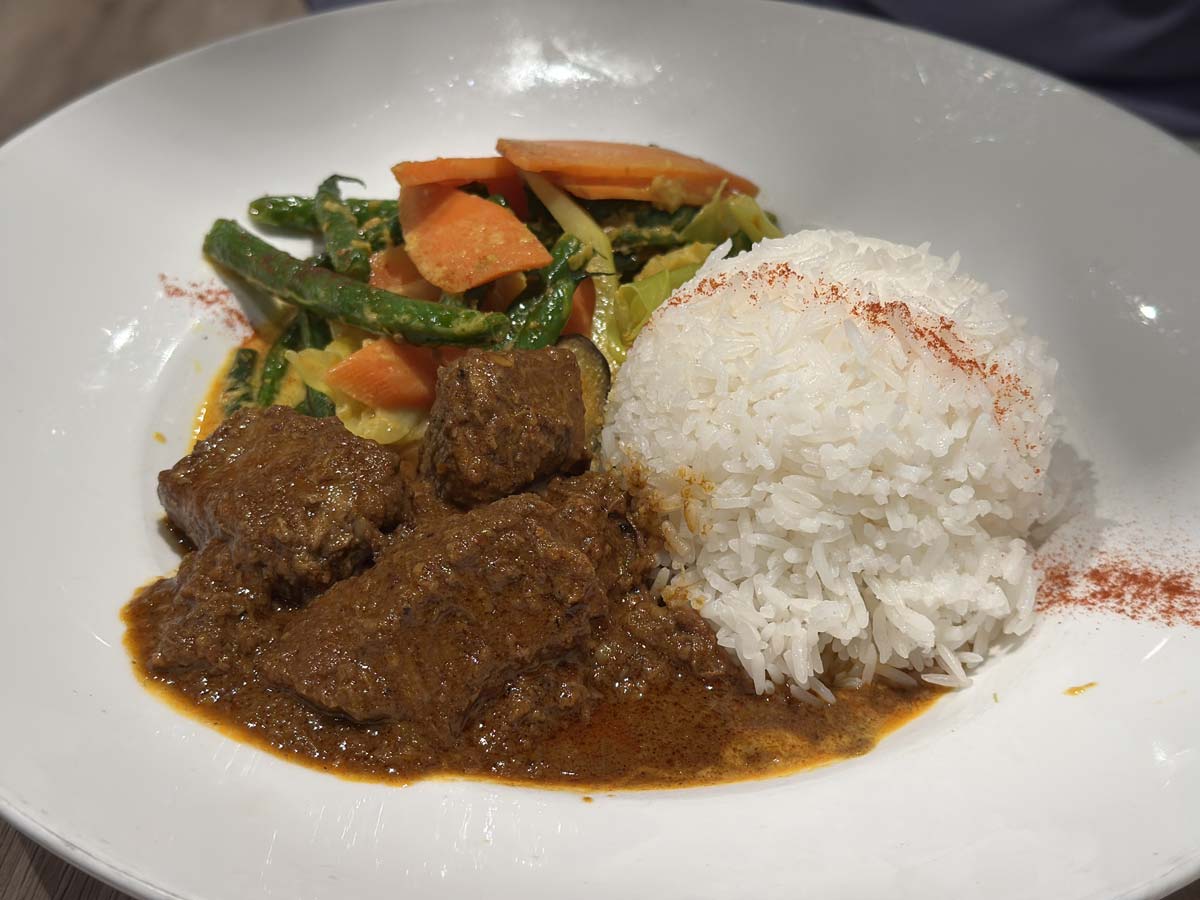 Rendang Beef with Vegetables and Rice.