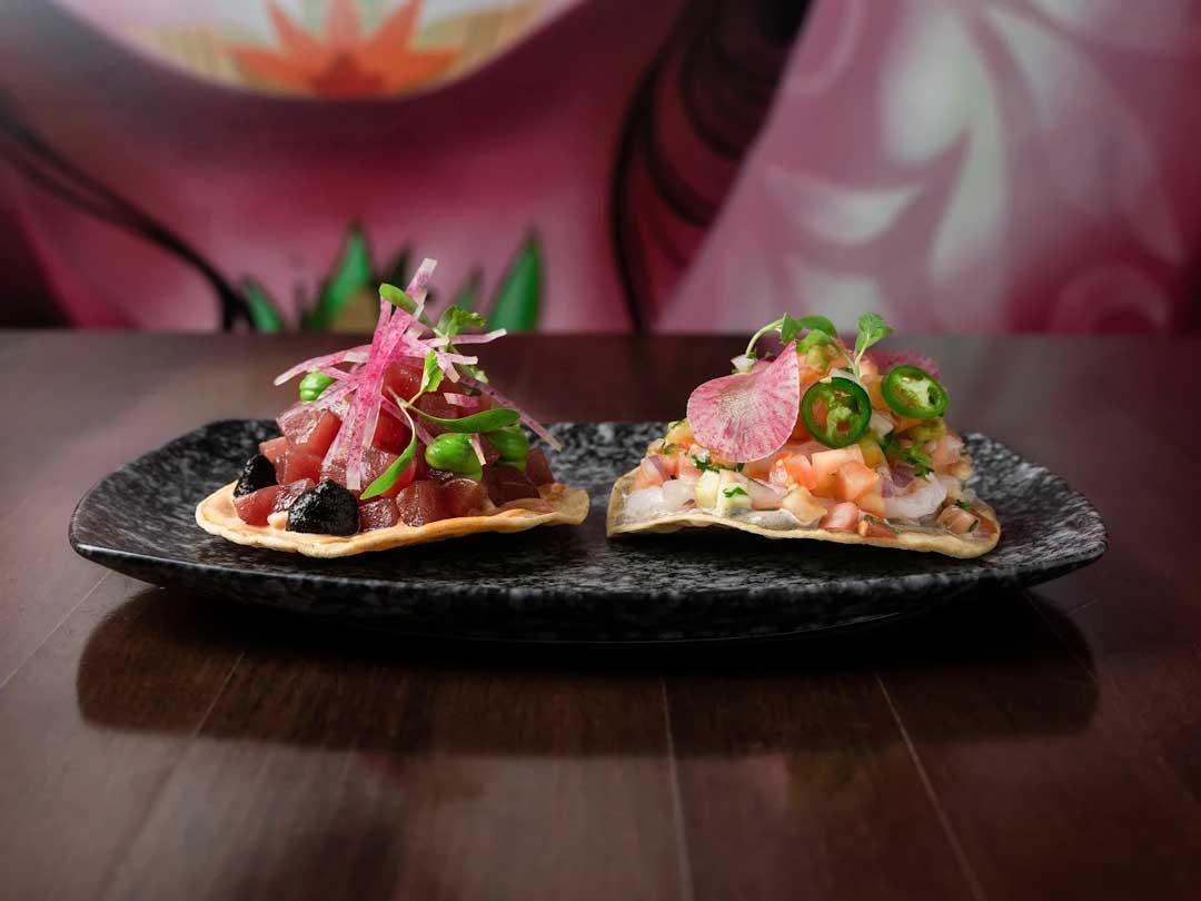 Two colorful seafood tostadas on a black plate.