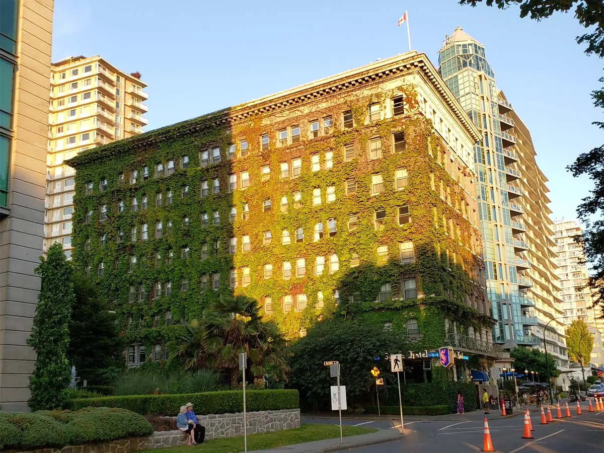 Historic Sylvia Hotel near English Bay Beach, covered in green ivy with warm sunlight casting a golden glow on its facade.
