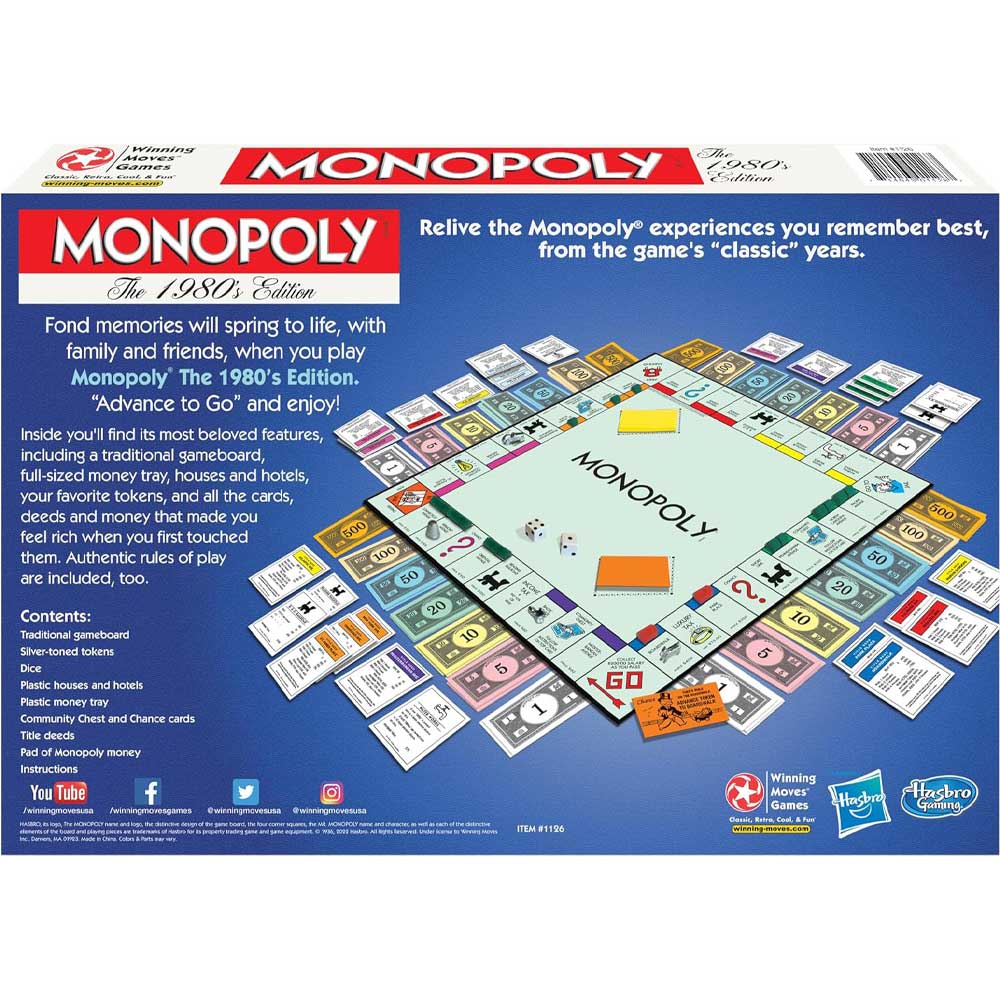 Monopoly 1980s Edition box showcasing the board, tokens, and game details.