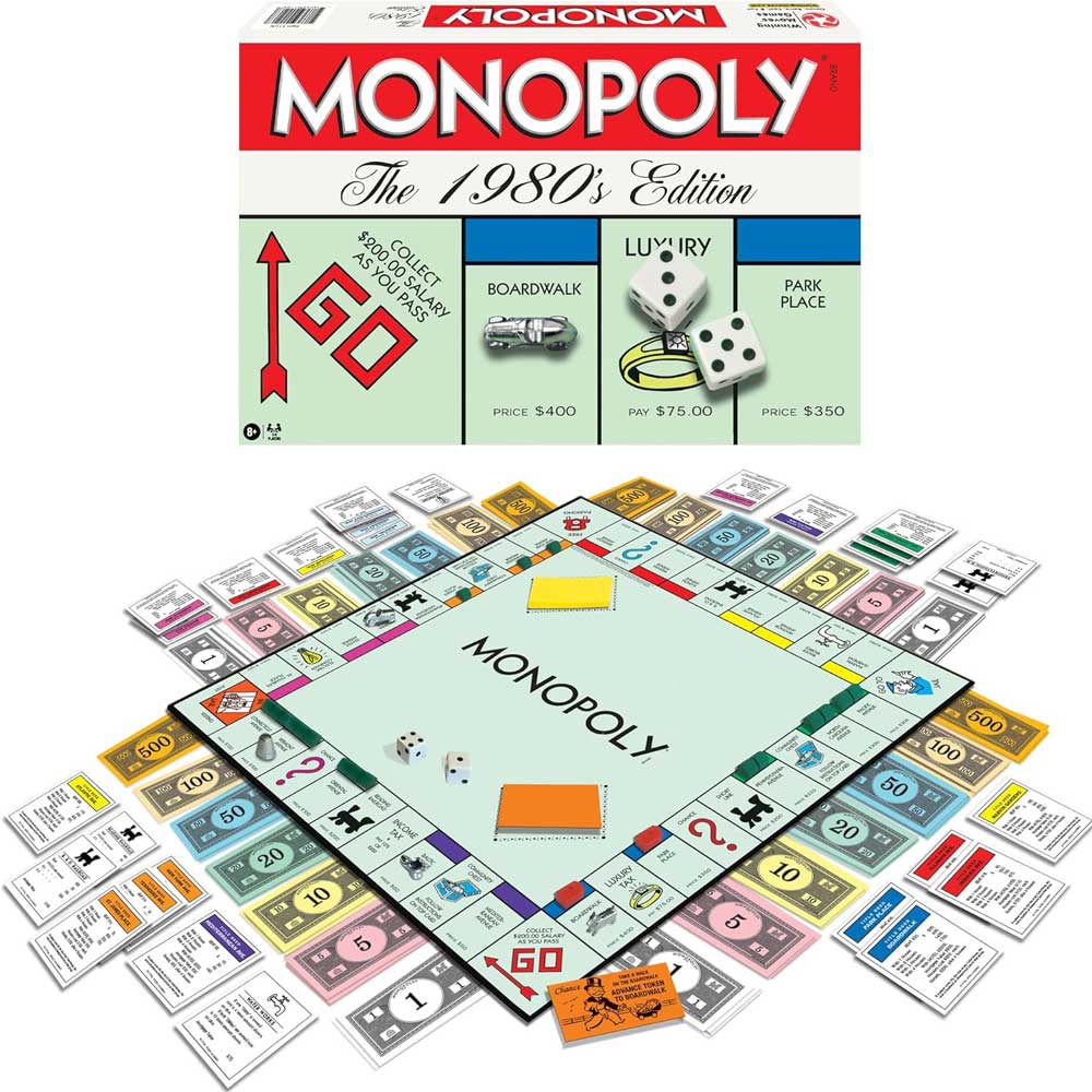 Monopoly 1980s Edition box and full game board with classic tokens, cards, and play money displayed.