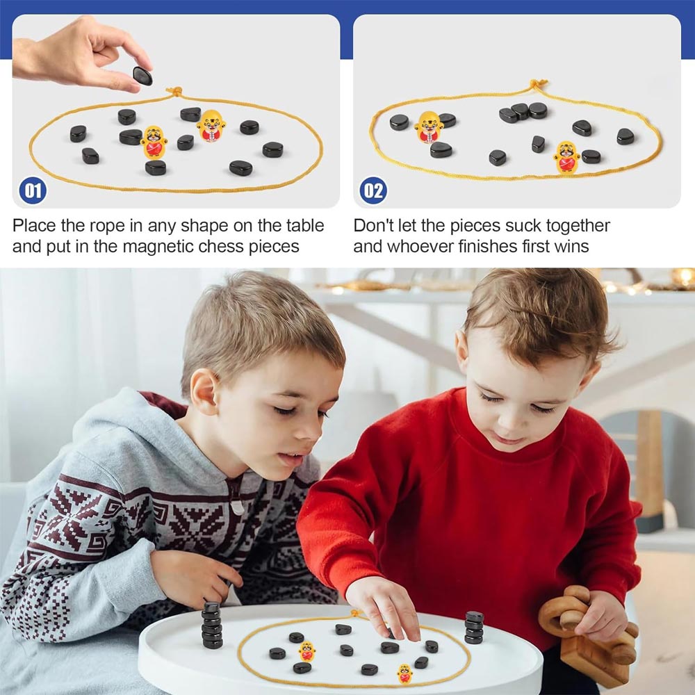 Children playing a magnetic tabletop game with black chess pieces.