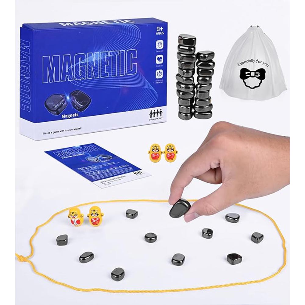 Magnetic tabletop game set with pieces, rope, and packaging.