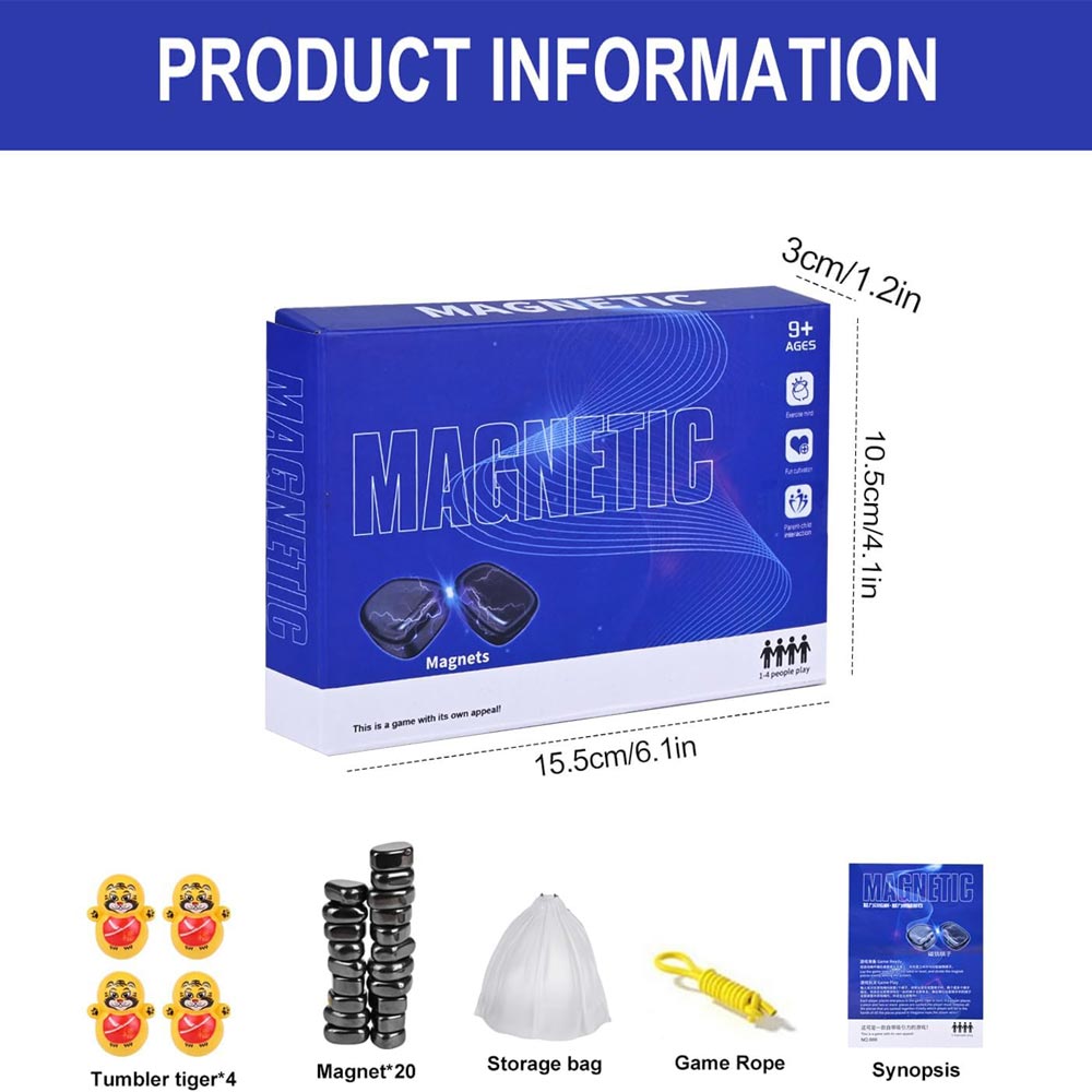 Magnetic tabletop game box with dimensions and included items.