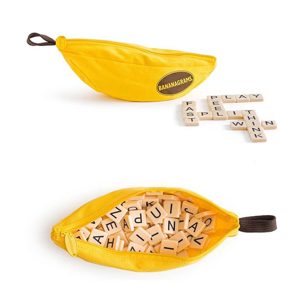 Bananagrams pouch with letter tiles forming words like “PLAY” and “THINK.”