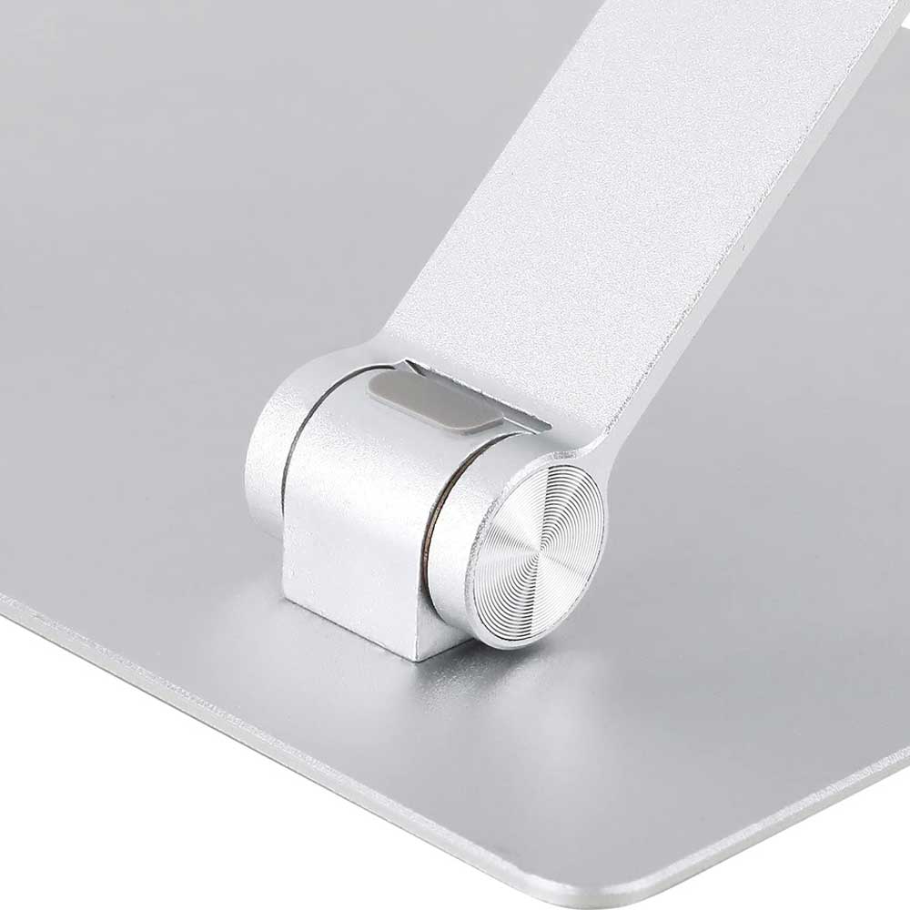 Zoomed-in view of the metal hinge on laptop stand for stability.