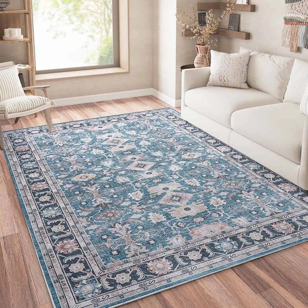JINCHAN 8x10 Feet Navy Vintage Distressed Floral Area Rug